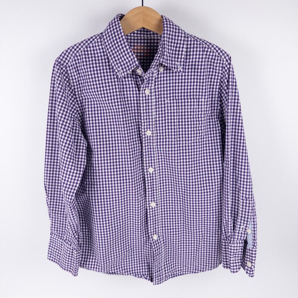 Crewcuts Button Down Gingham Pocket Dress Shirt Purple Boys Kids Size 6-7
